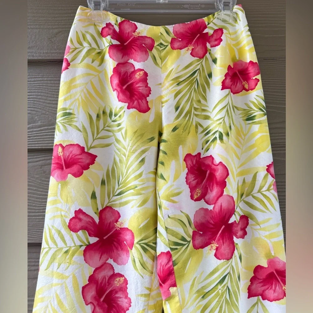 BetU 100% SILK Yellow Pink Floral Beaded Lined Tropical Summer Pants Size 4 - Picture 7 of 10